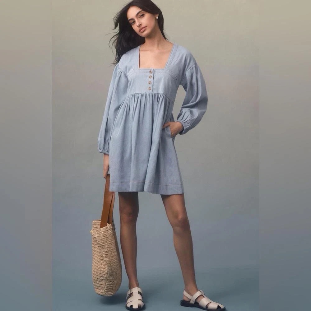 Anthropologie Long-Sleeve Square-Neck Denim Babydoll Mini Dress M Cotton